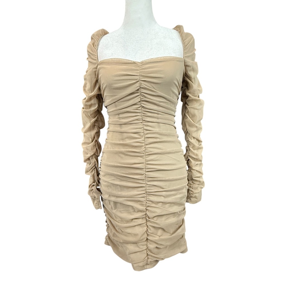 Michael Costello x REVOLVE Mini Dress Large Tan Ruched Mesh Square Neck Bodycon